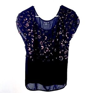 DOUBLE ZERO Sheer Black Sparkly Top Copper Sequins Cap Sleeve Women’s Small NWOT